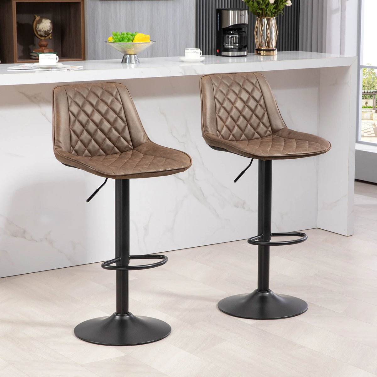 Set of 2 brown PU leather bar stools with diamond tufting, swivel bases, and footrests