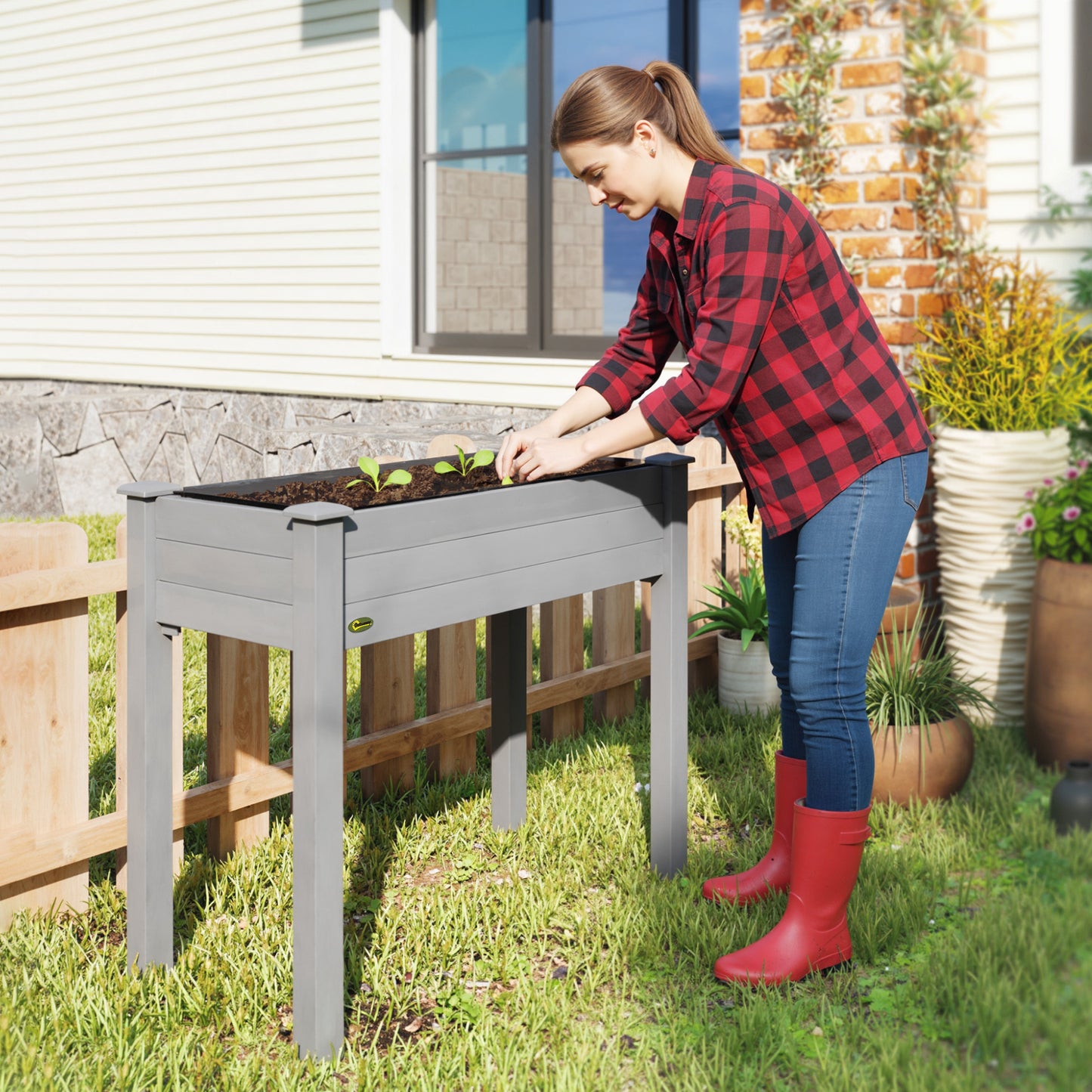 Outsunny Raised Garden Bed Wooden Elevated Planter Box With Bed Liner For Flowers Vegetables Herbs Dark Grey