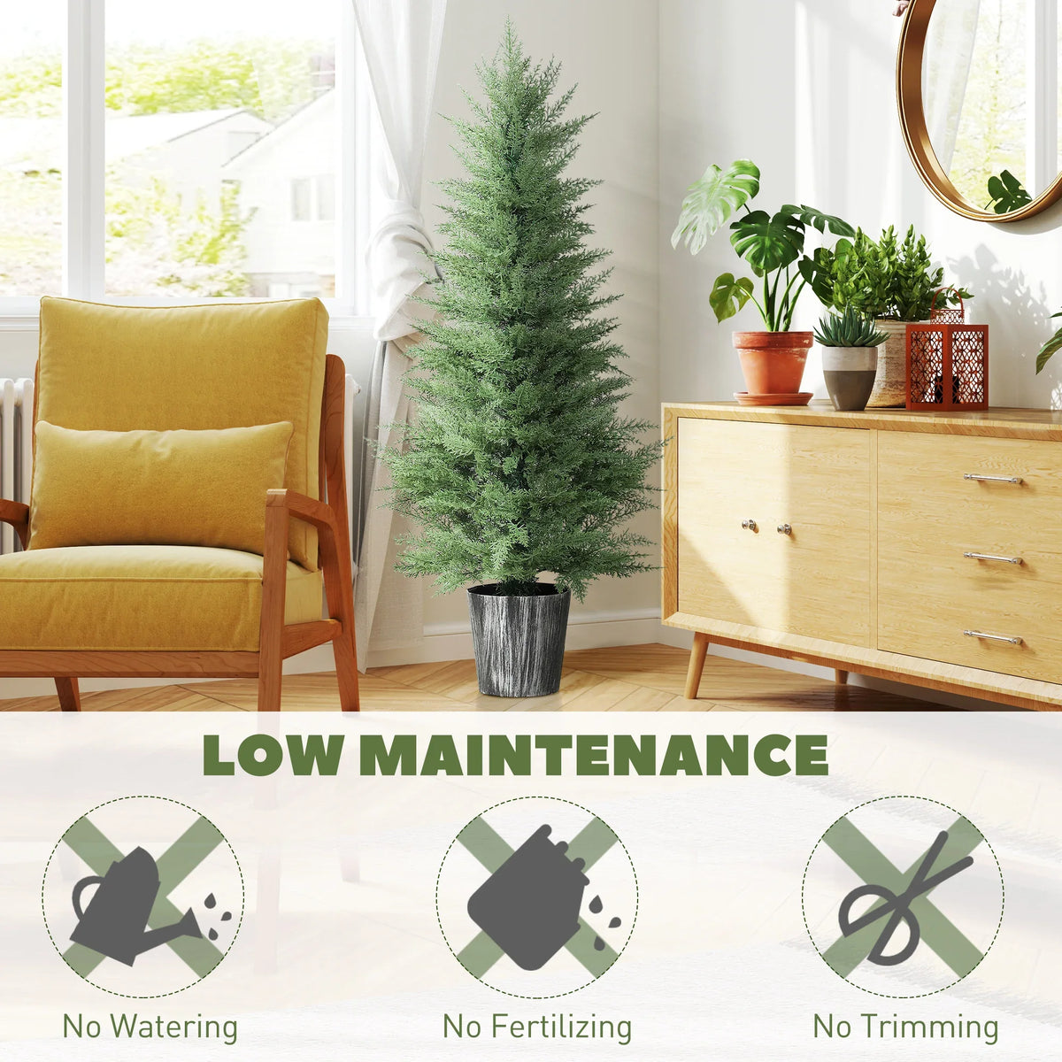 Artificial cypress tree with black pot, beside seating and sideboard
