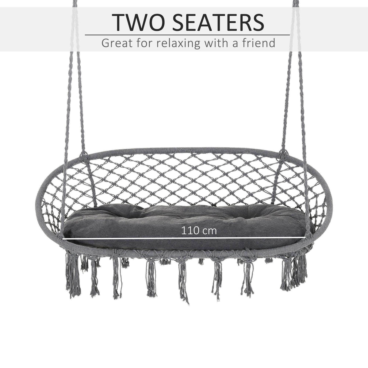Dark grey rope hammock chair with oval net seat, fringed edge, and centered cushion