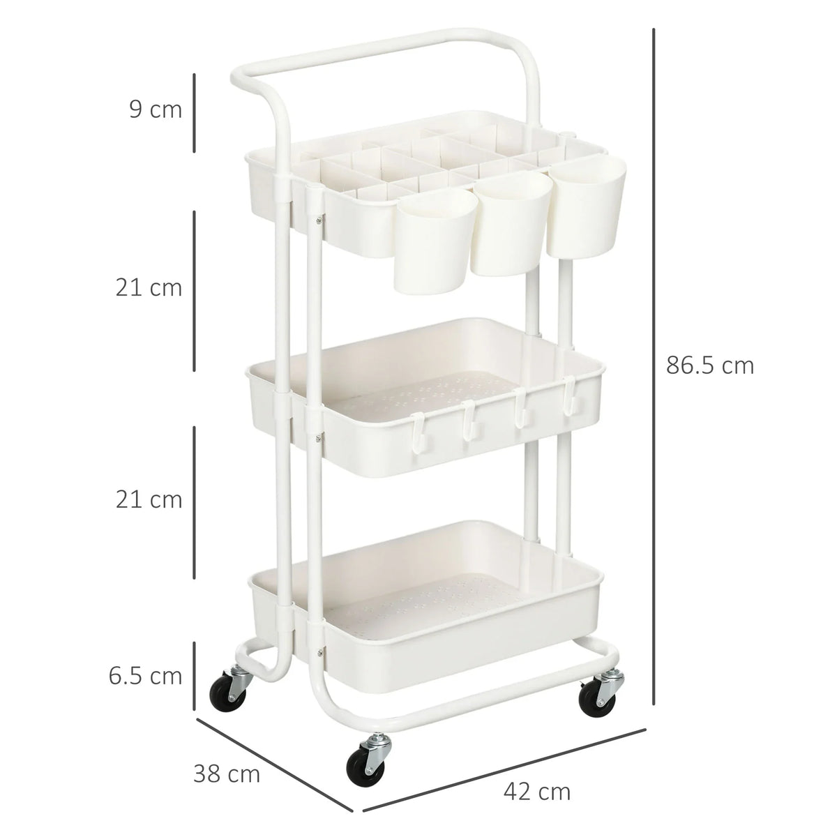 White three-tier storage trolley cart with handle, wheels, and hanging cup holders