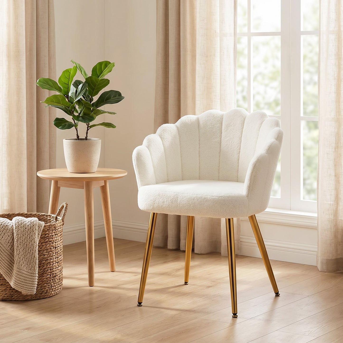 HOMCOM Petal Back Lounge Chair With Metal Legs Cream Armchair For Living Room And Bedroom