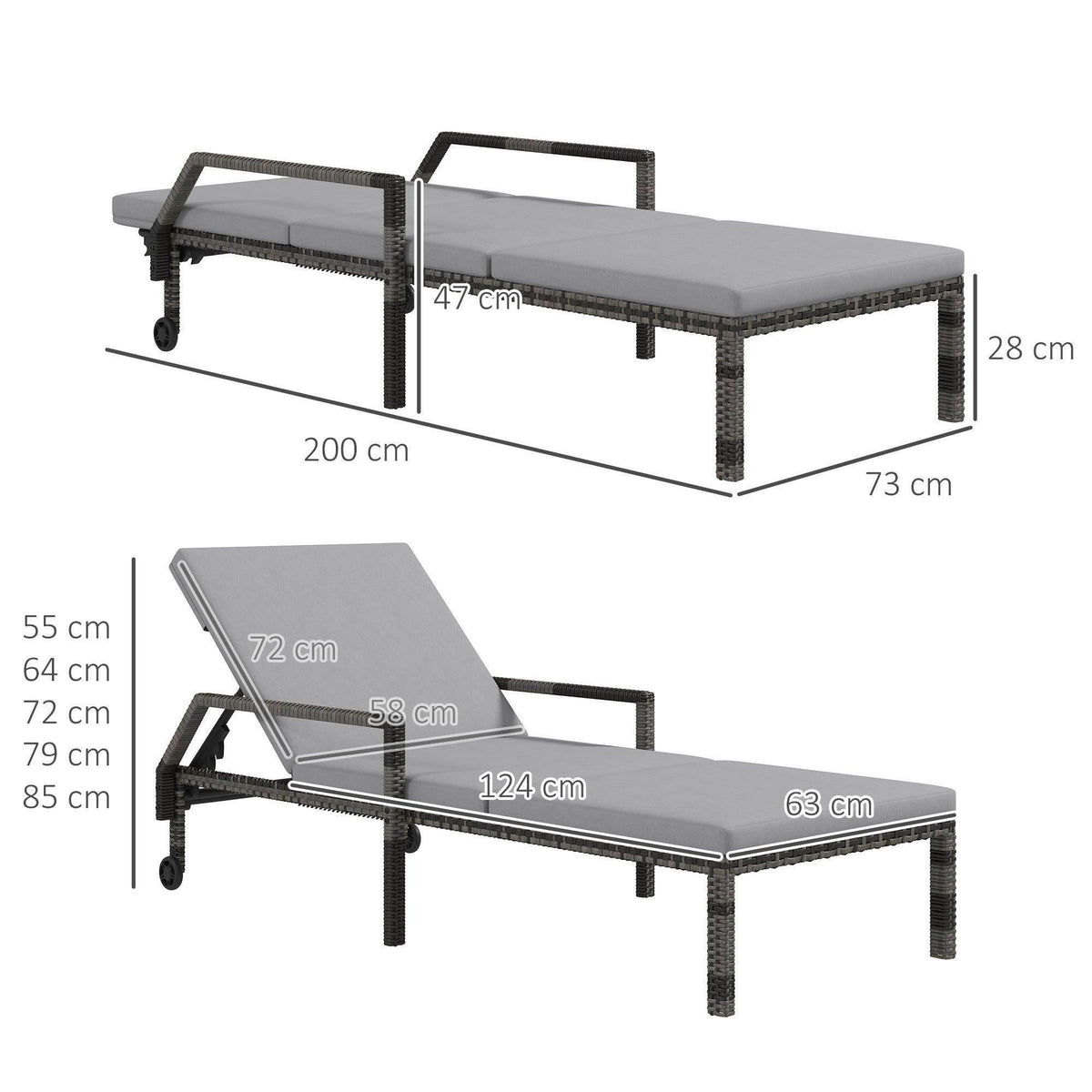 Adjustable outdoor chaise lounger with dark rattan base, gray cushion, and 2 caster wheels