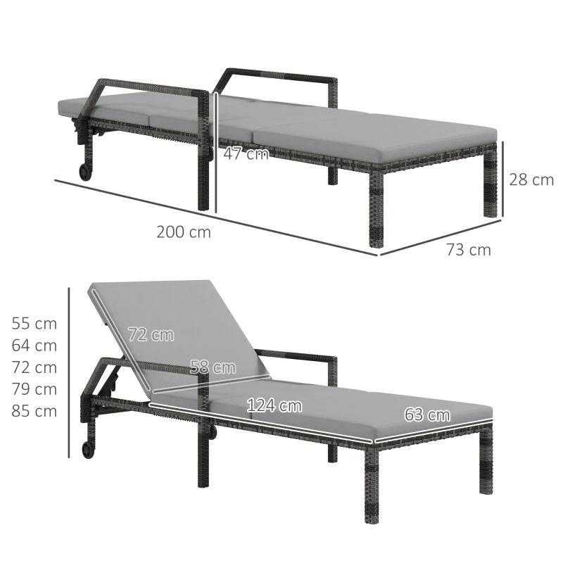 Adjustable rattan sun lounger with gray cushions and multi-position recline backrest