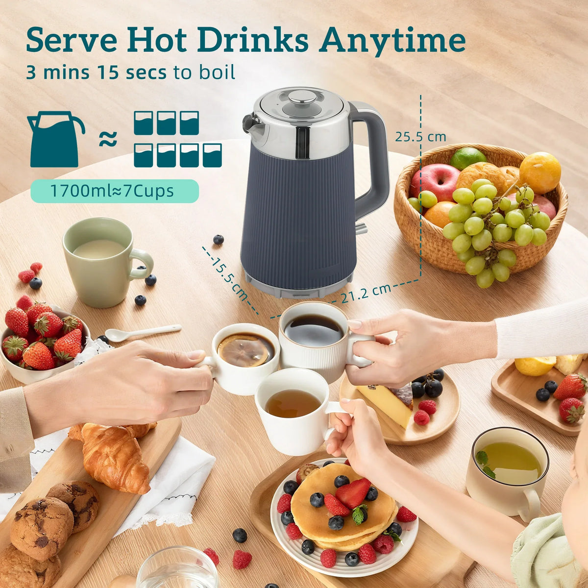 Grey electric kettle with stainless steel lid for serving hot drinks