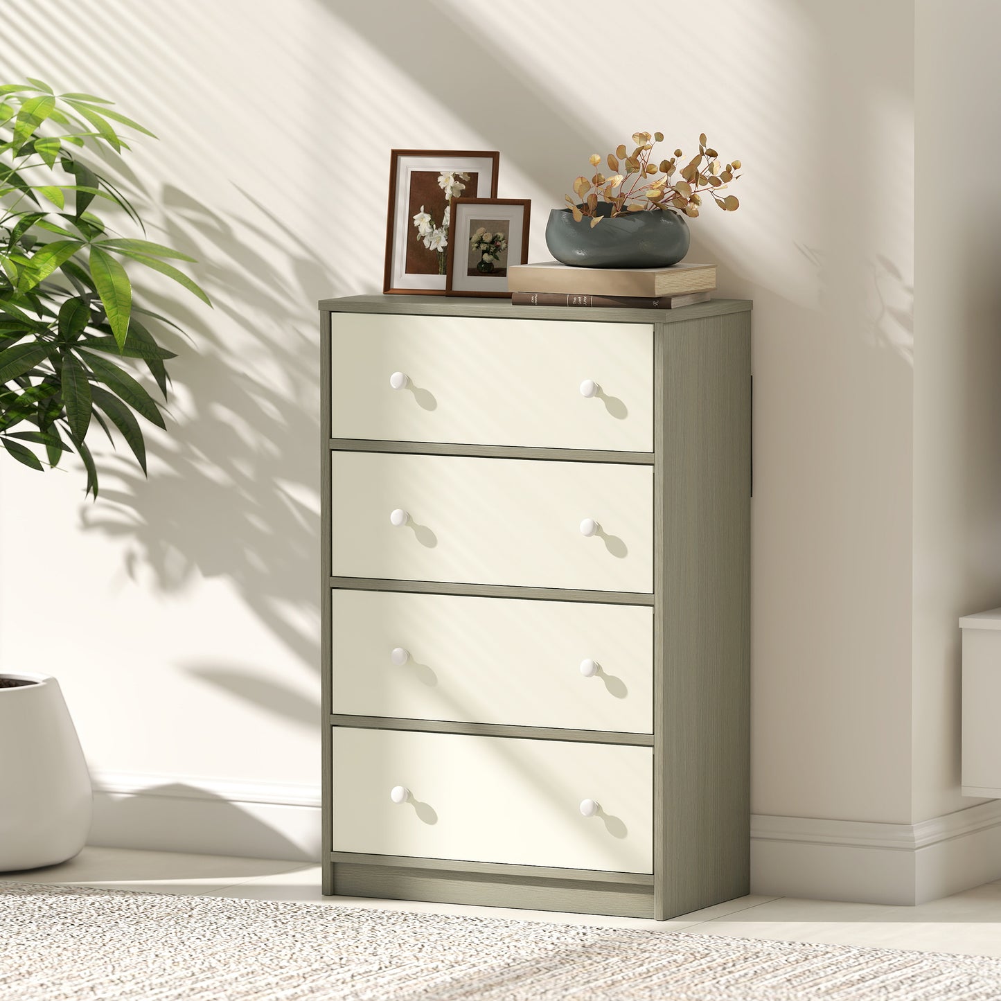 HOMCOM Chest Of Drawers Dresser With Four Fabric Drawers White And Grey Wood Effect MDF Steel Frame