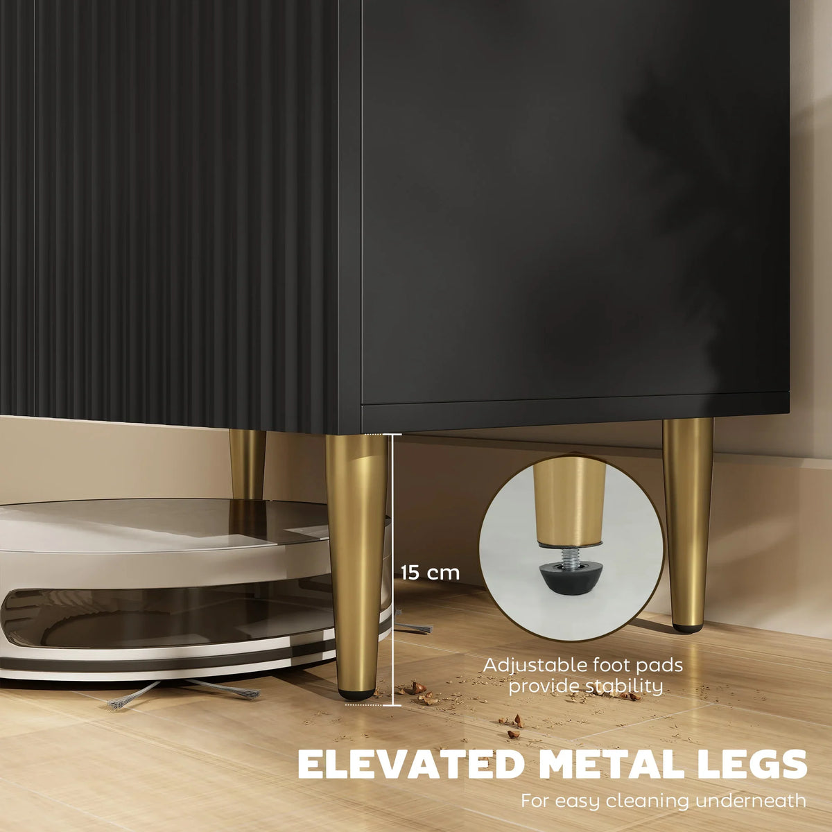 Black sideboard cabinet on gold metal legs with adjustable foot pads