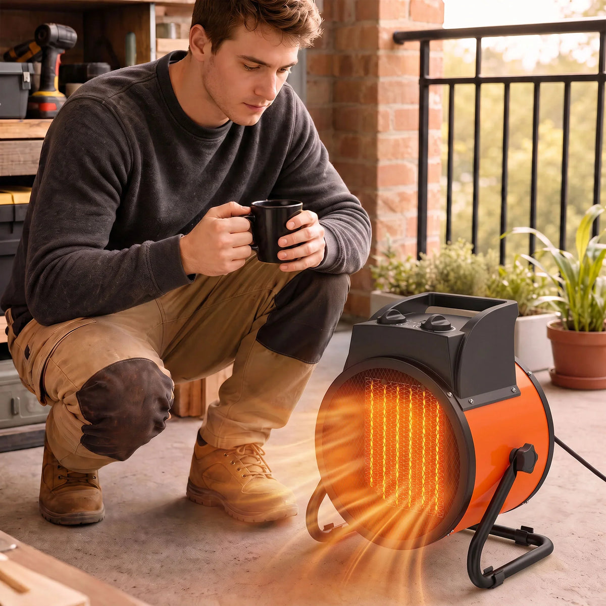 Orange electric ceramic heater with glowing heating coil, front grille and side handle legs