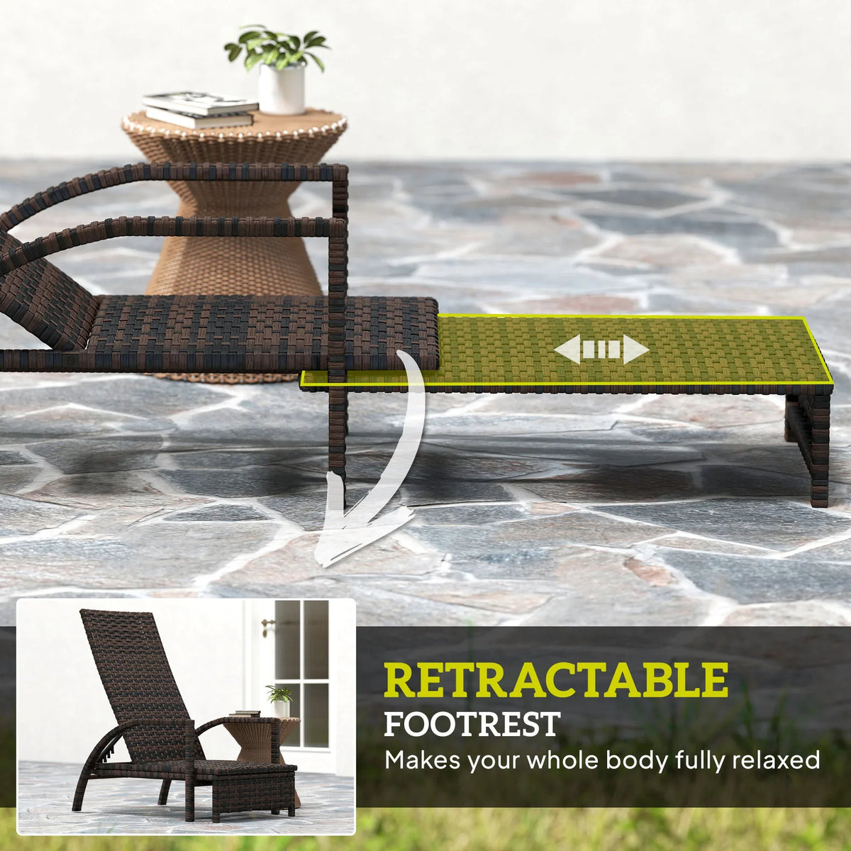 Brown rattan reclining lounger with retractable footrest, adjustable backrest, outdoor lounging chair
