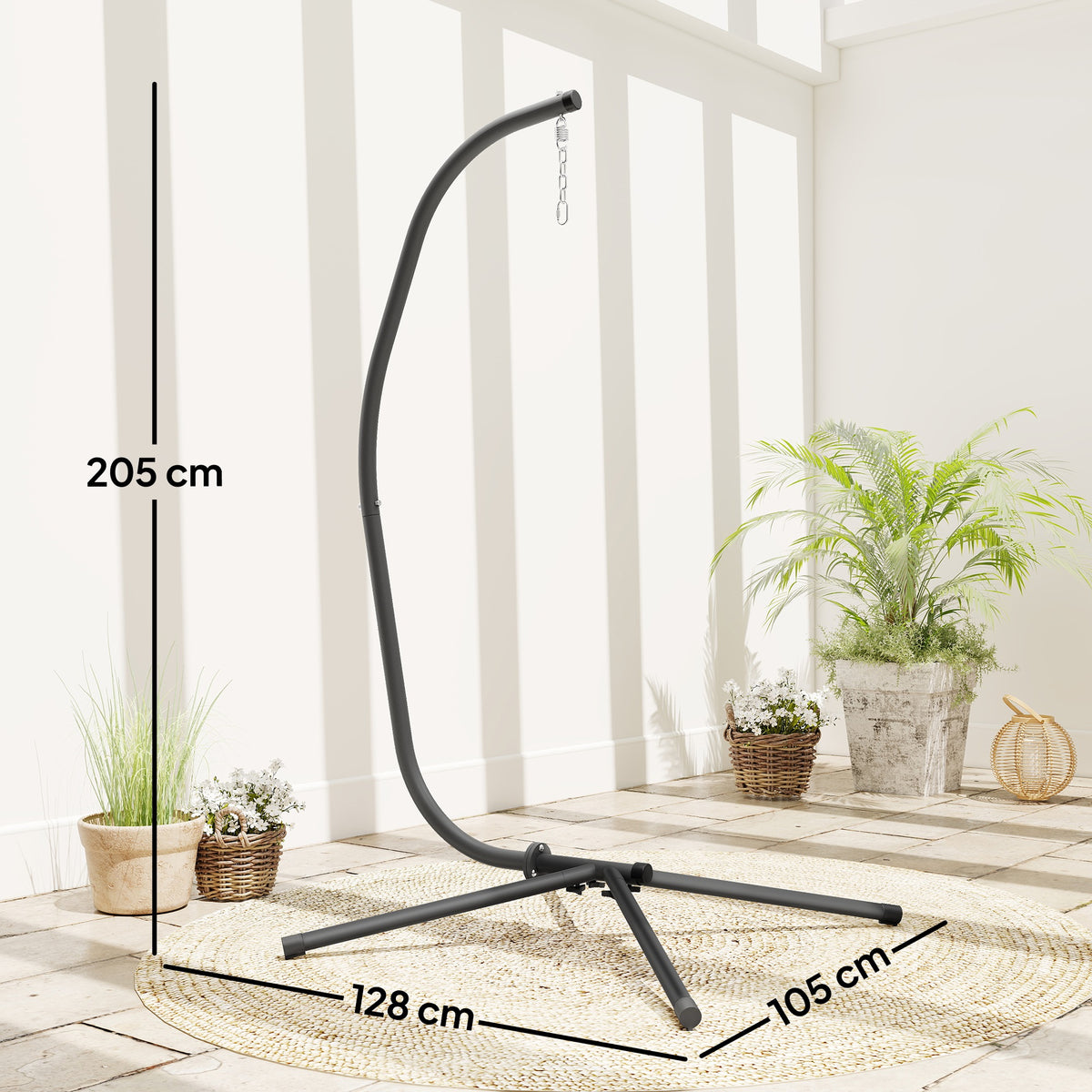 Black hanging egg chair stand frame with X-shaped base and adjustable height