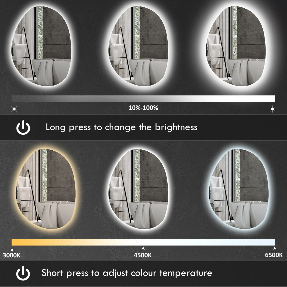 LED oval bathroom mirror with adjustable brightness and color temperature