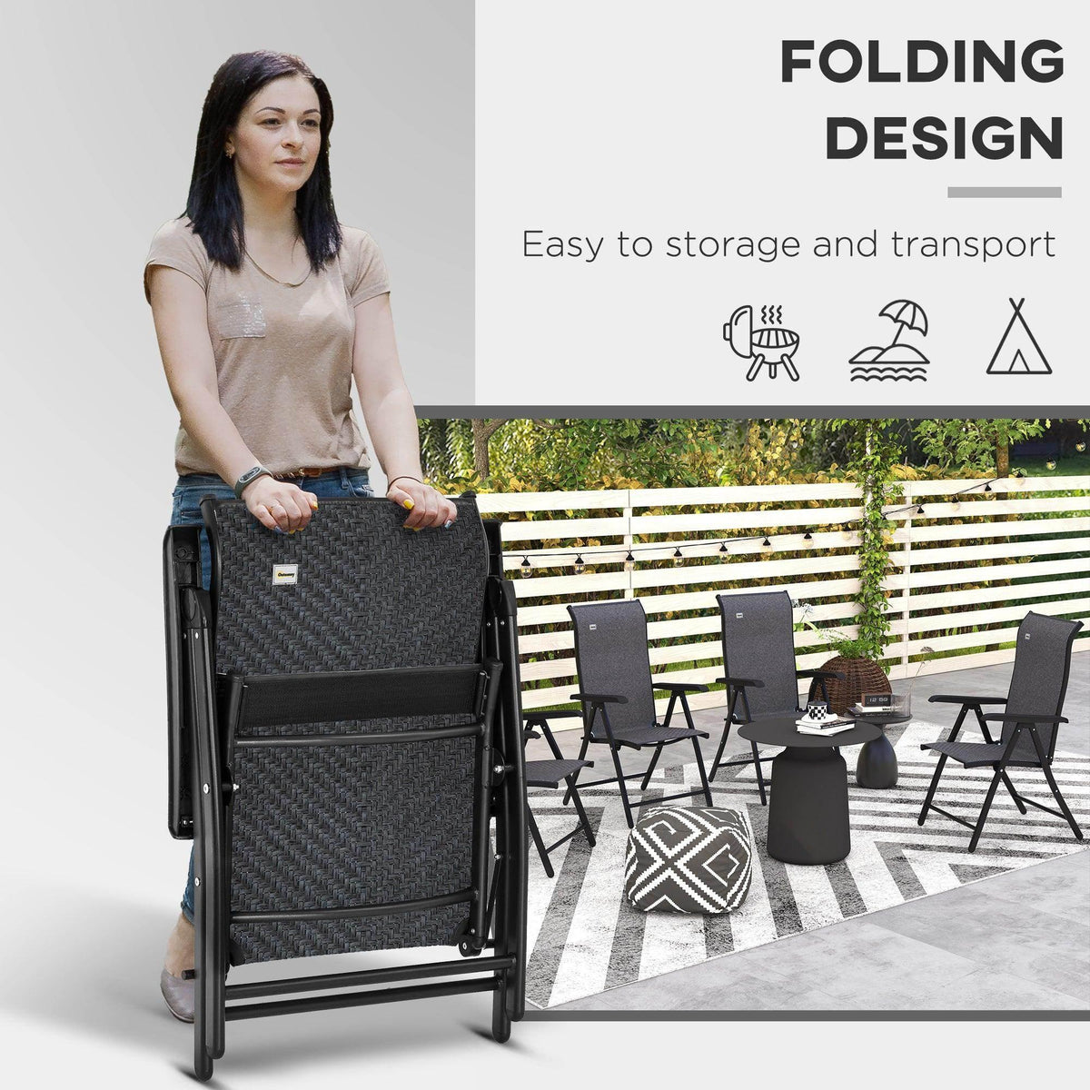 Grey folding patio chair with armrests, shown folded for storage and transport