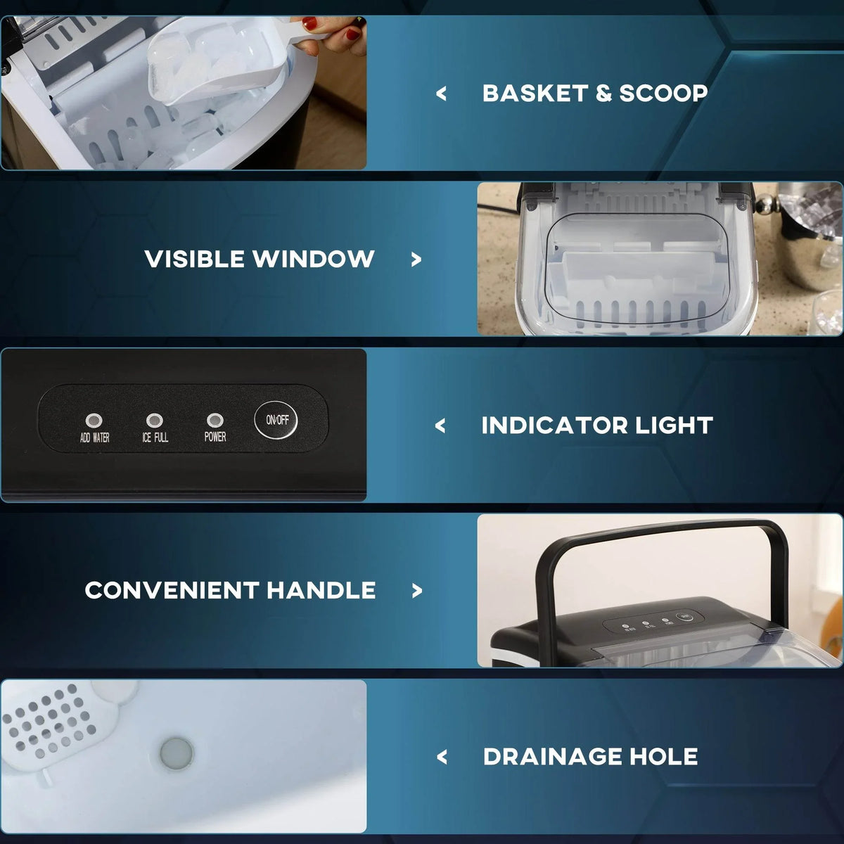 Black ice maker controls and top handle features with clear access window