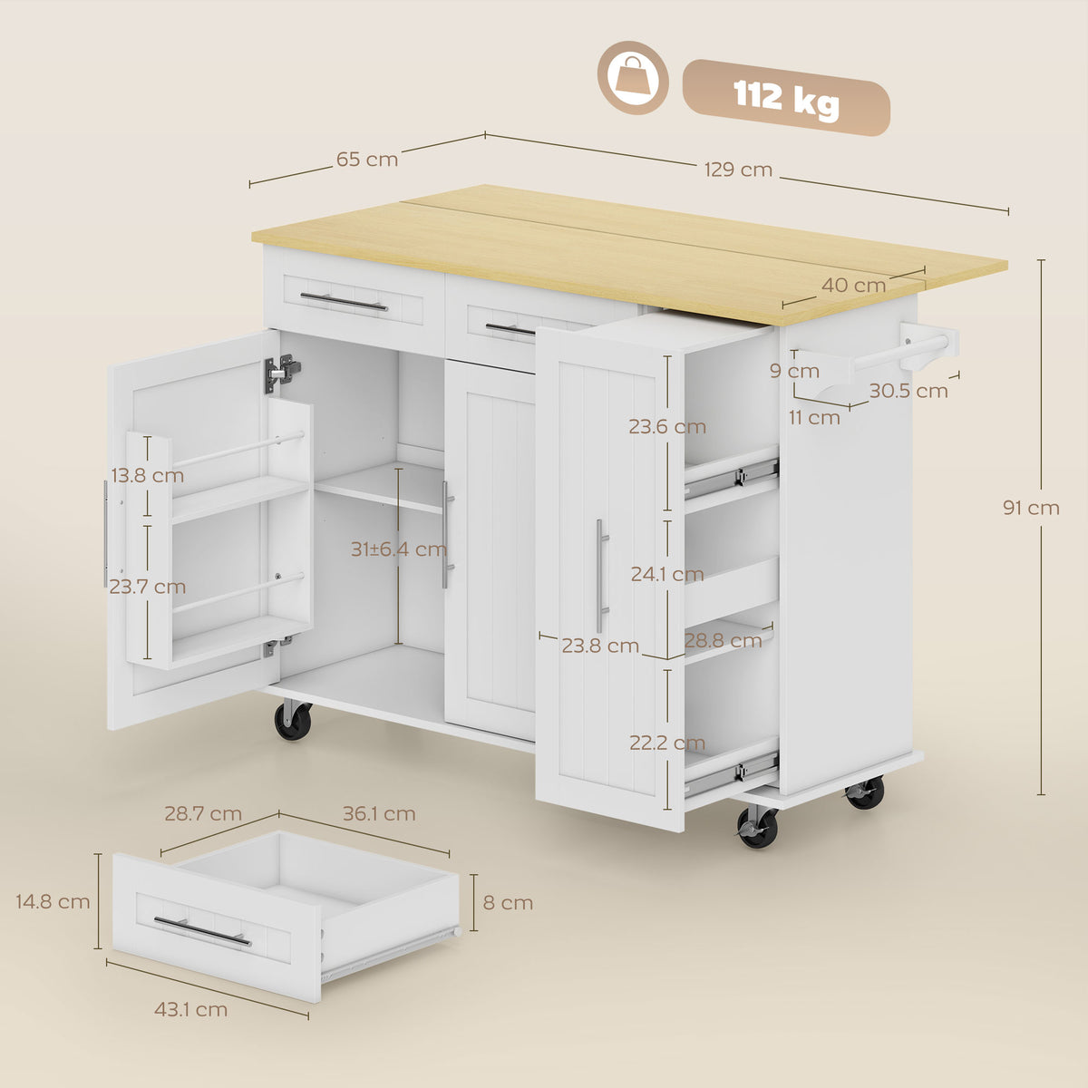 White kitchen island cart with drop-leaf top, open shelves, and storage cabinet dimensions