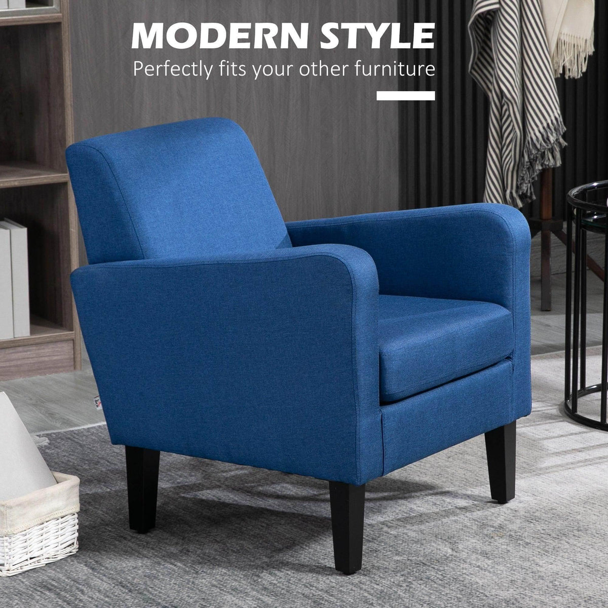 Blue upholstered accent armchair with high backrest and wide padded arms.