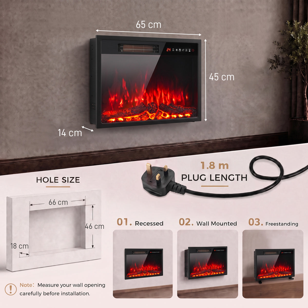 HOMCOM Recessed Electric Fireplace Insert With Adjustable Flame And Remote