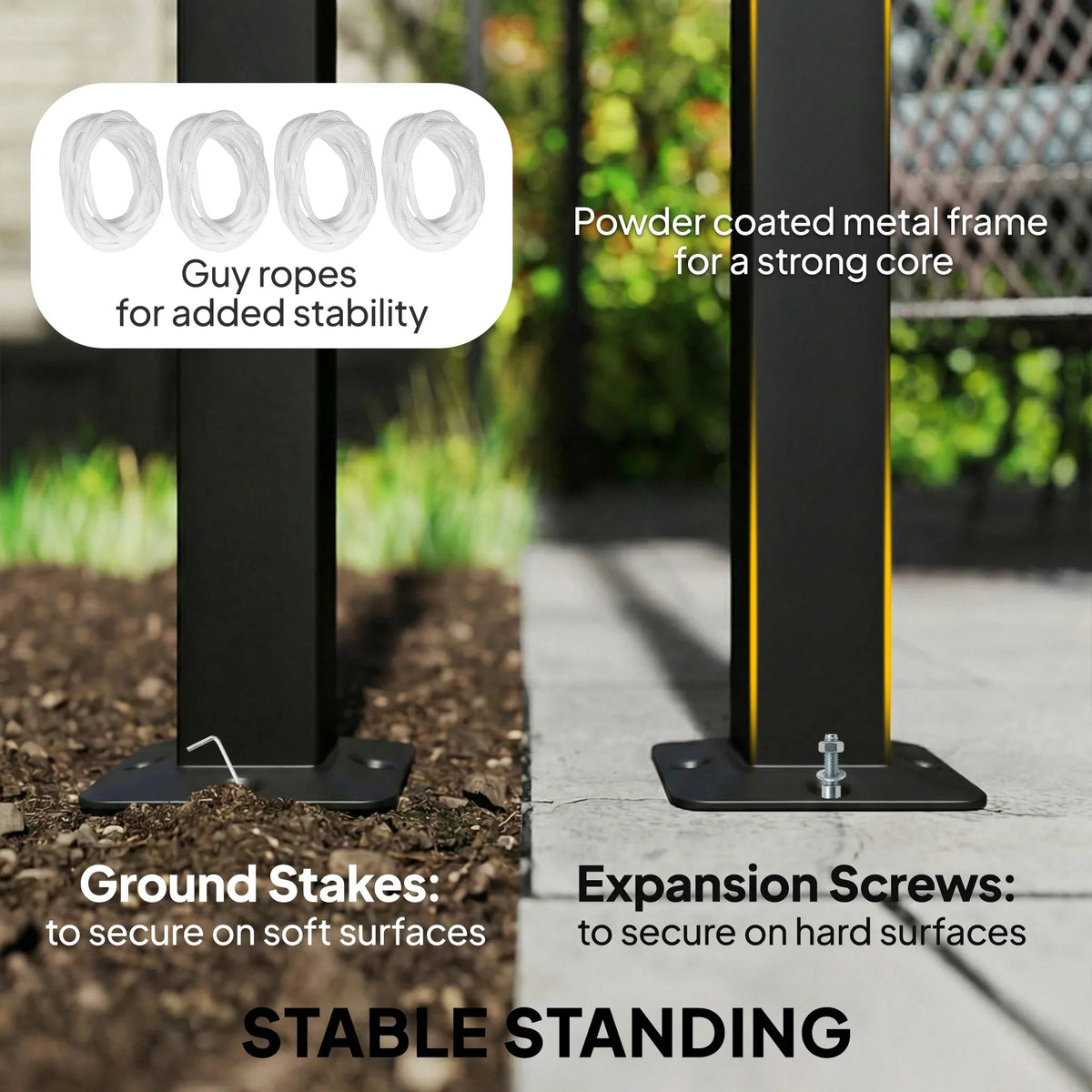 Powder-coated metal gazebo frame with guy ropes, ground stakes, and expansion screws
