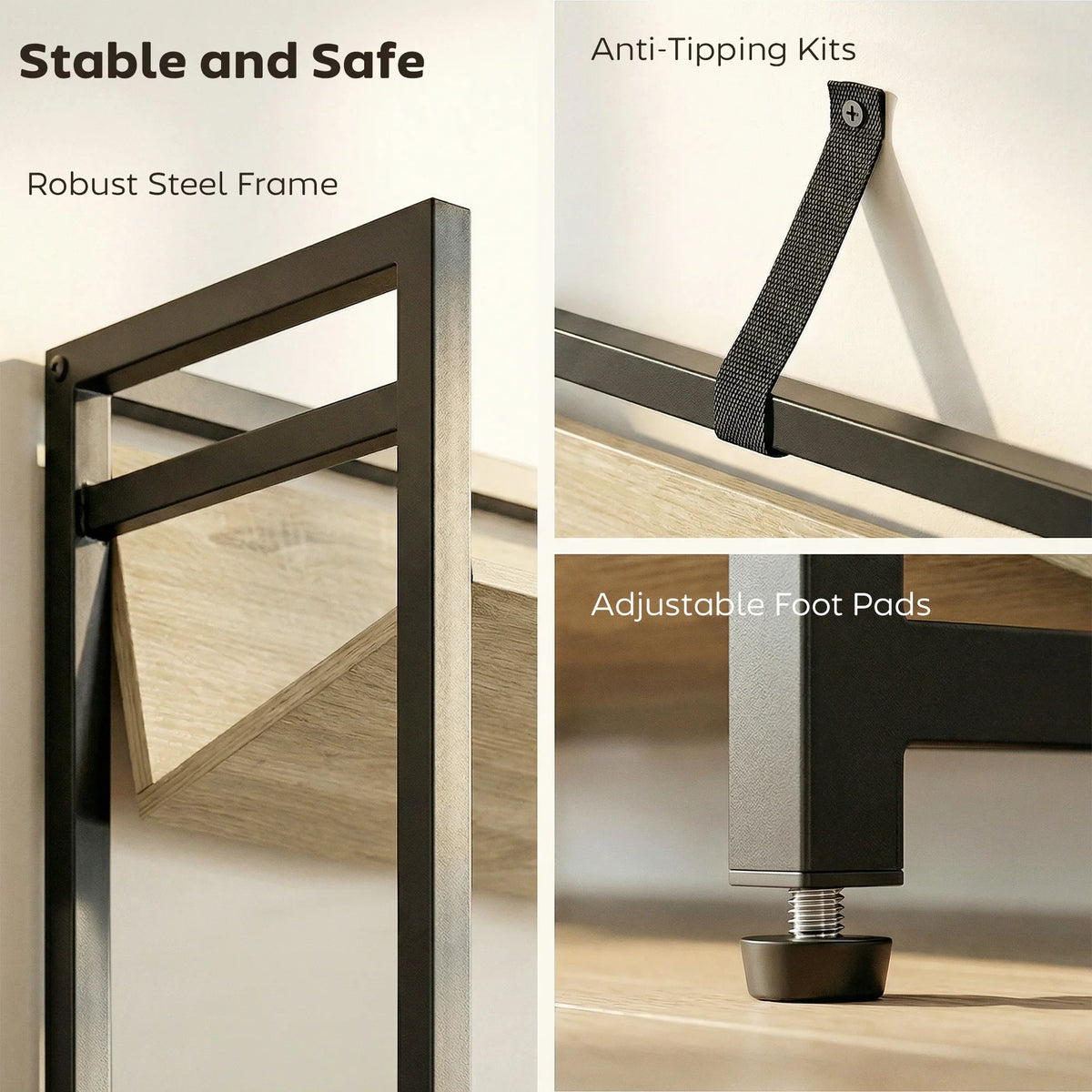 Black metal bookcase showing anti-tipping strap and adjustable foot pads for leveling