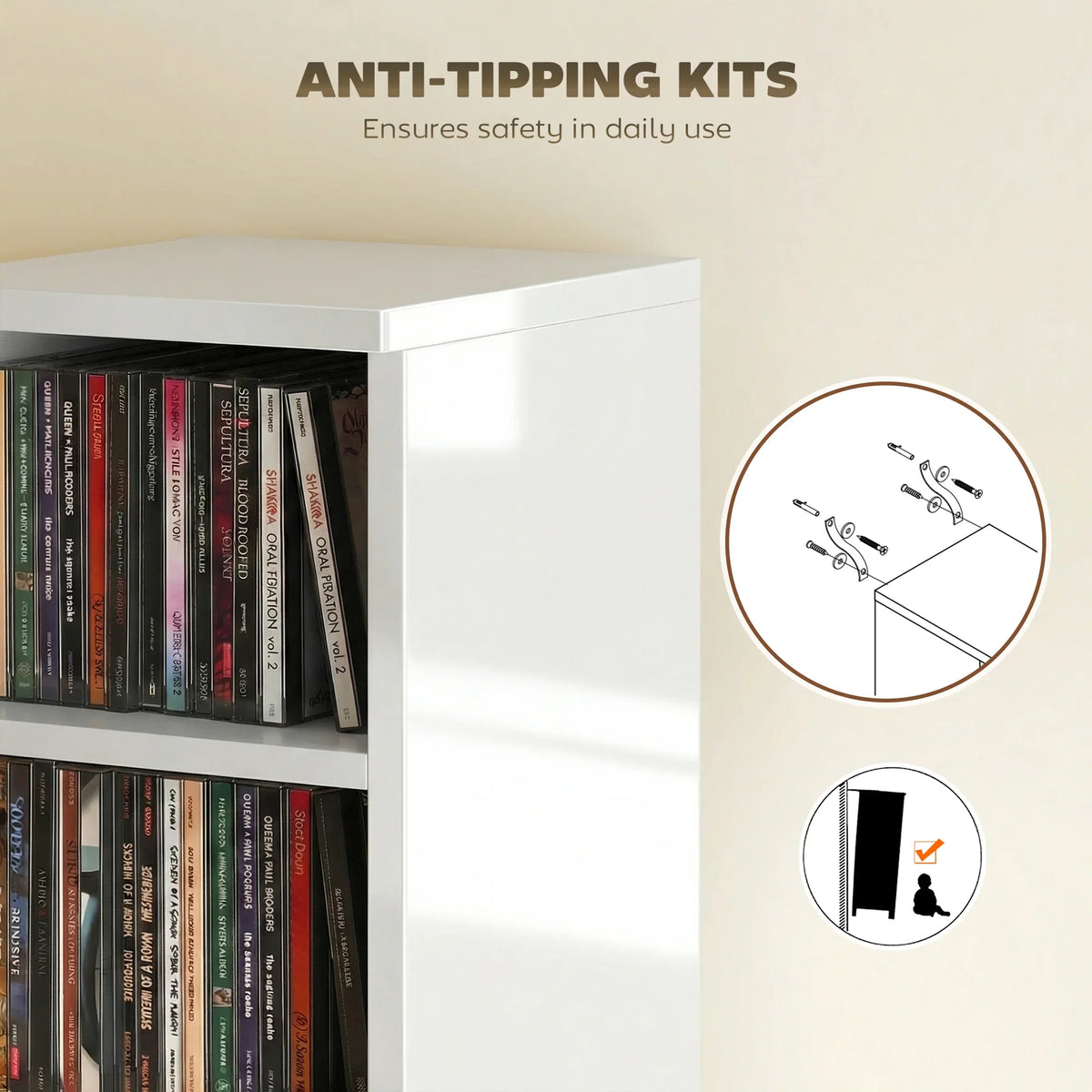White CD shelf unit with anti-tipping kit components shown