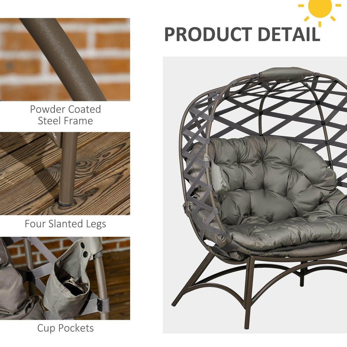 Dark powder-coated steel egg chair with woven frame, four legs, side cup pocket