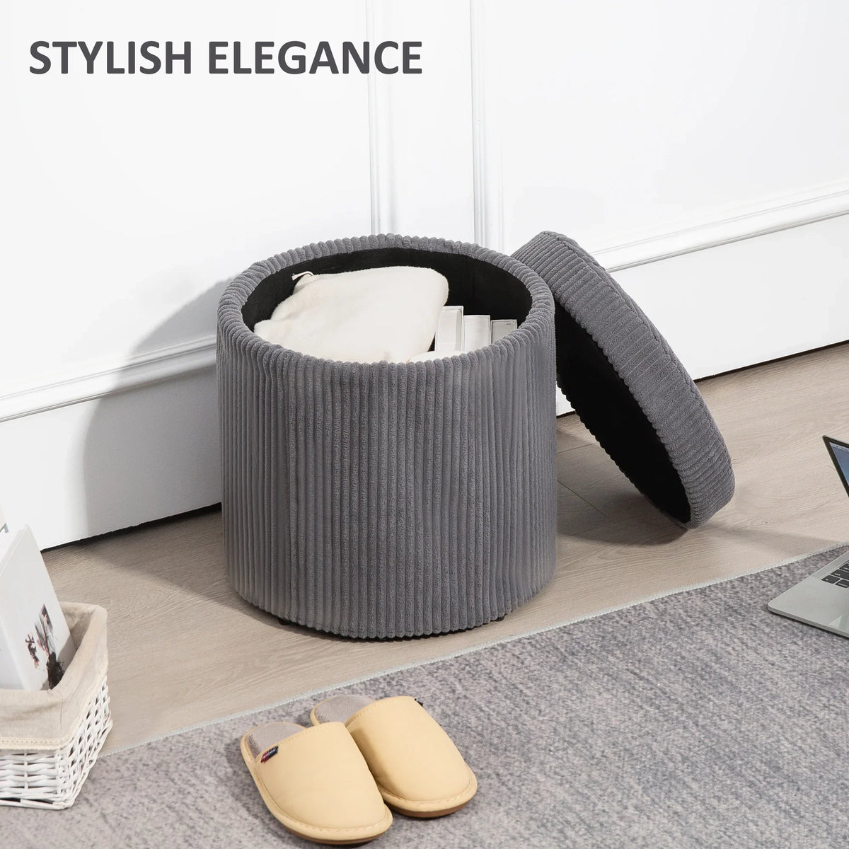 Grey corduroy storage ottoman with open lid showing storage inside