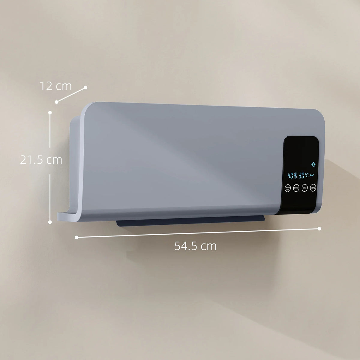 Grey wall-mounted heater with digital display, shown with size measurement lines
