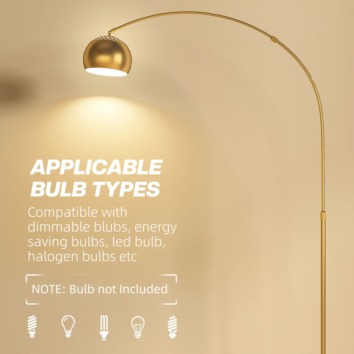 Gold arc floor lamp with bell shade, bulb not included