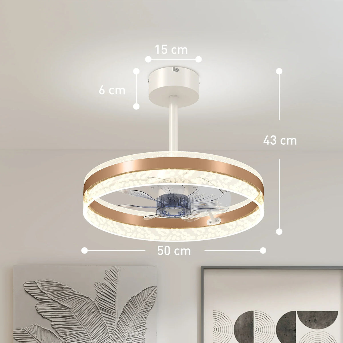 Gold-tone LED ceiling fan with white canopy and circular light ring