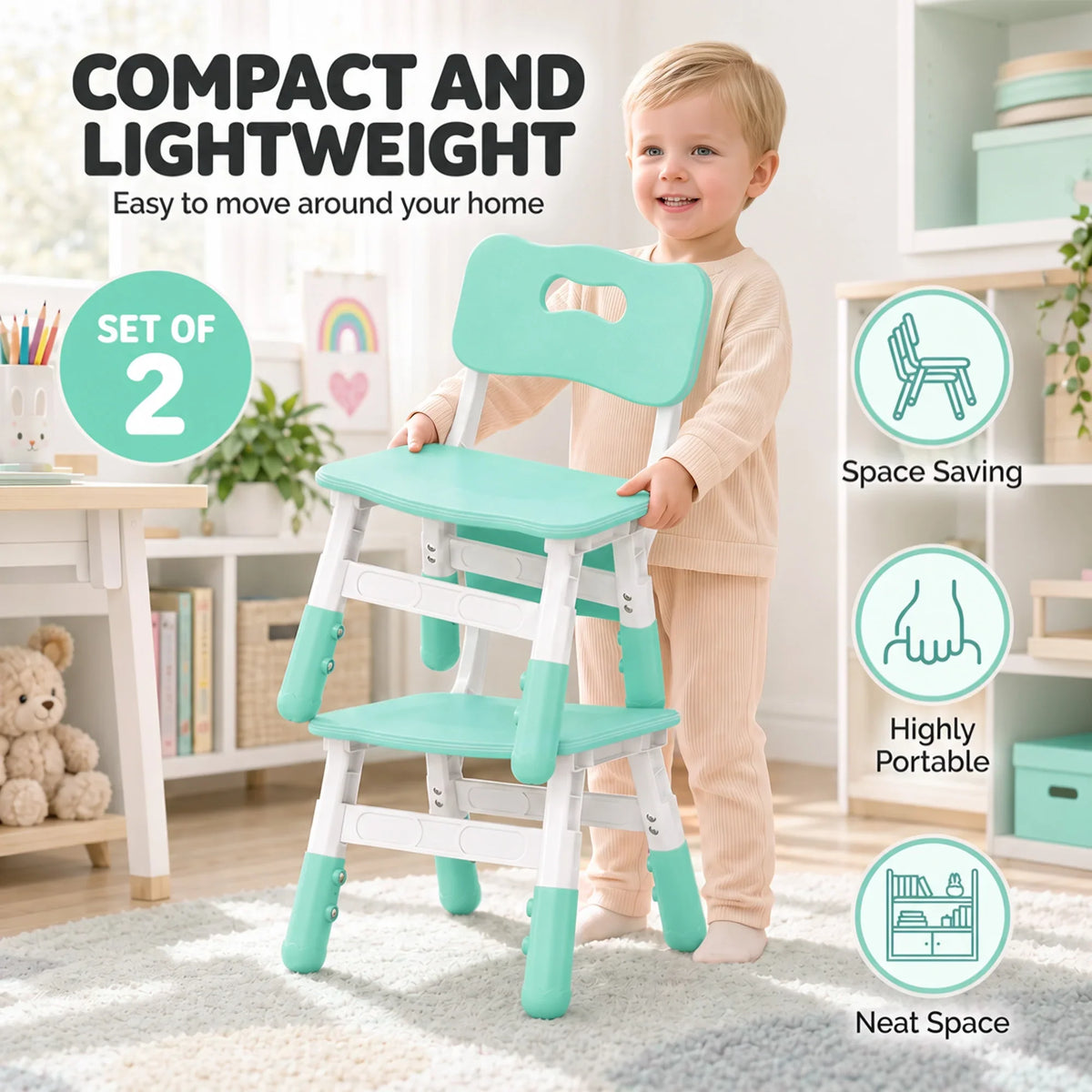 Adjustable kids chair set, mint seat and backrest with white frame for easy moving