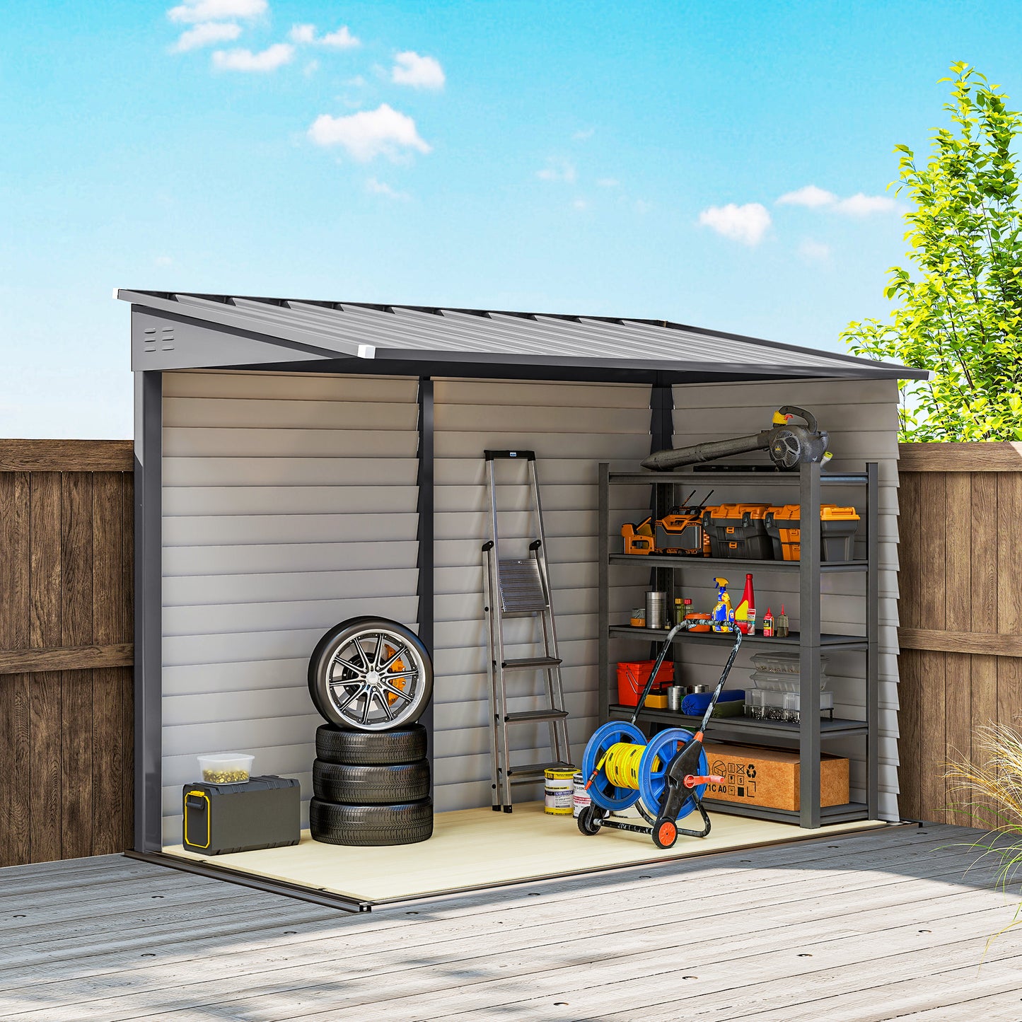 Outsunny 5x9ft Galvanised Metal Garden Shed With Foundation Kit Lean To Lockable Doors Gloves And 2 Air Vents Grey