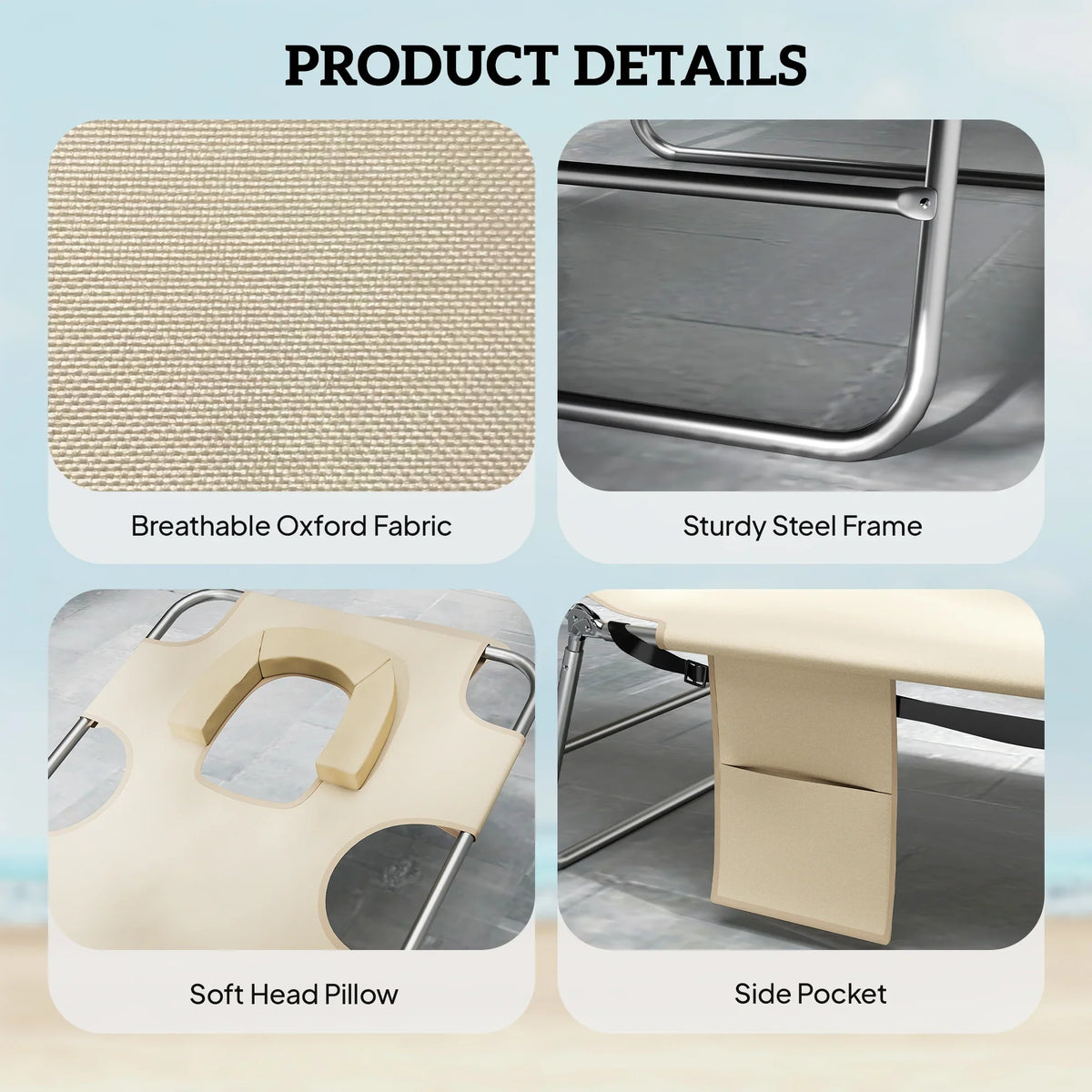 Beige sun lounger with breathable fabric, sturdy steel frame, soft head pillow, side pocket