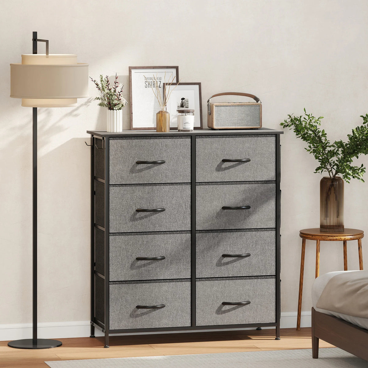 Charcoal grey fabric chest of eight drawers with steel frame and curved drawer pulls