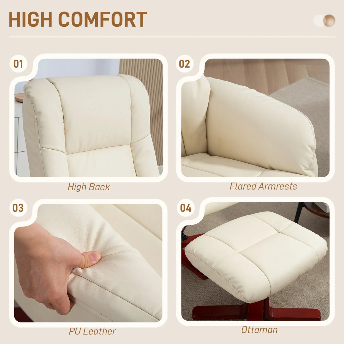 Cream PU leather rocking recliner chair details: high back padding and cushioned ottoman