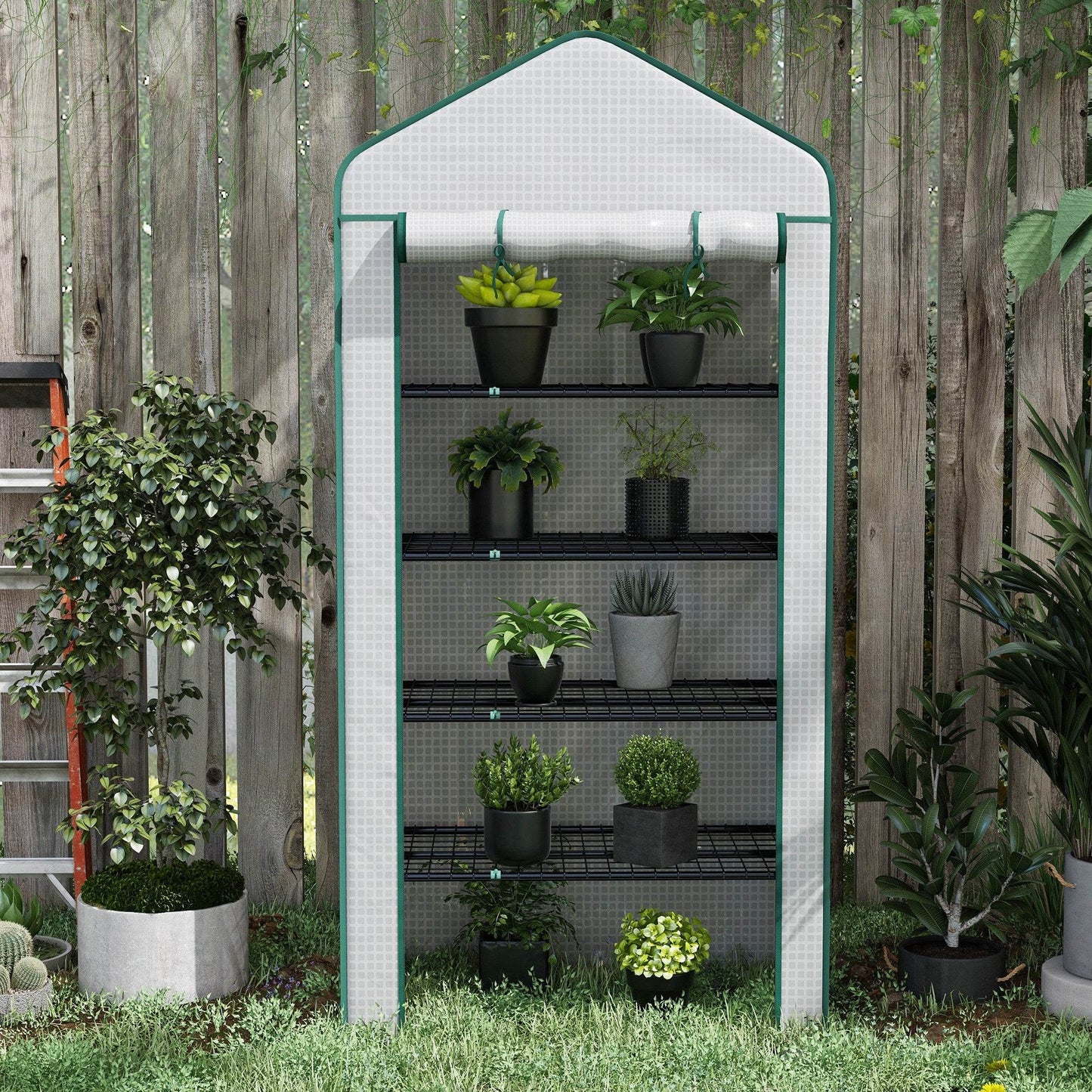 Outsunny Portable 5-Tier Mini Greenhouse with Reinforced PE Cover, Wire Shelves & Roll-Up Door - White, 193H x 90W x 49Dcm - ALL4U RETAILER LTD