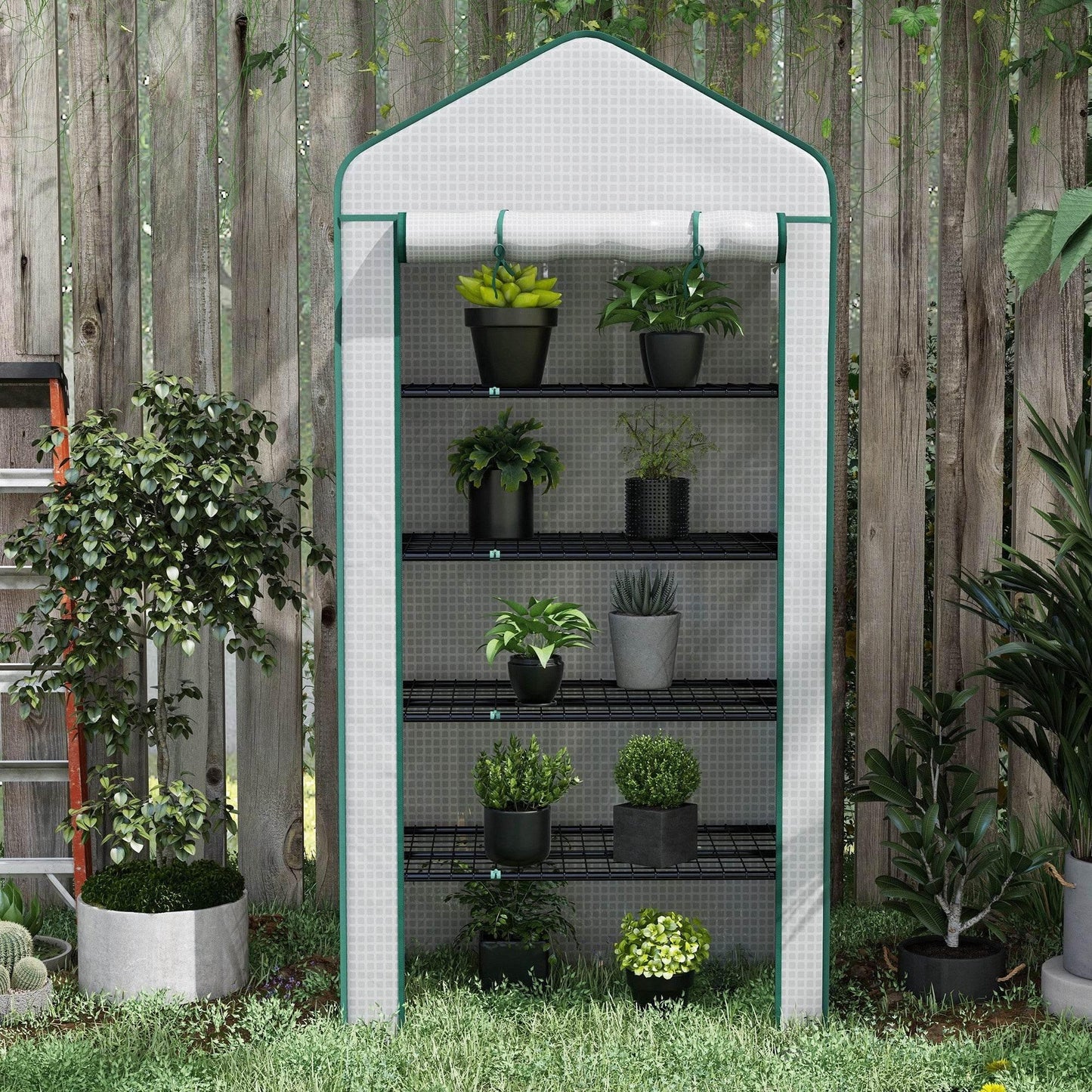 Outsunny Portable 5-Tier Mini Greenhouse with Reinforced PE Cover, Wire Shelves & Roll-Up Door - White, 193H x 90W x 49Dcm - ALL4U RETAILER LTD