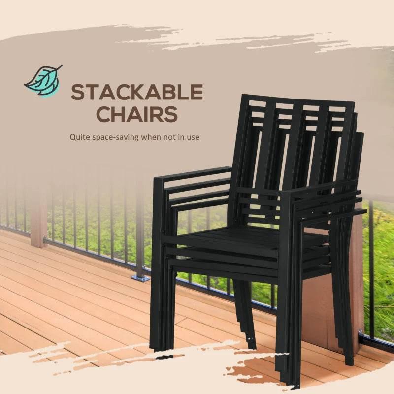 Black stackable armchair with slatted back and seat for outdoor dining
