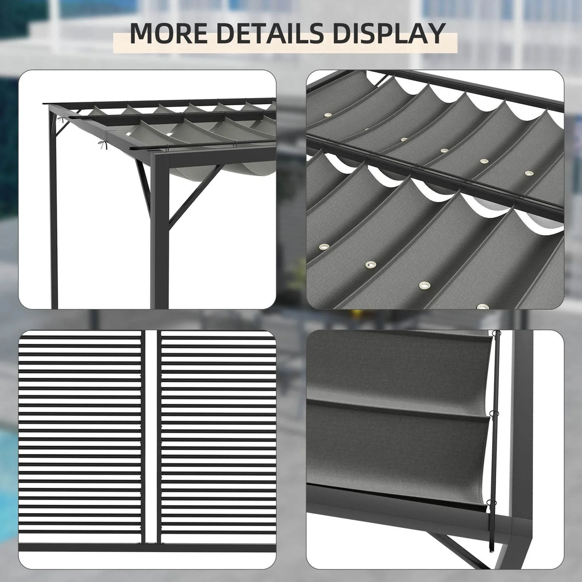 Retractable canopy and louvered side panels on a grey metal pergola, detail close-ups