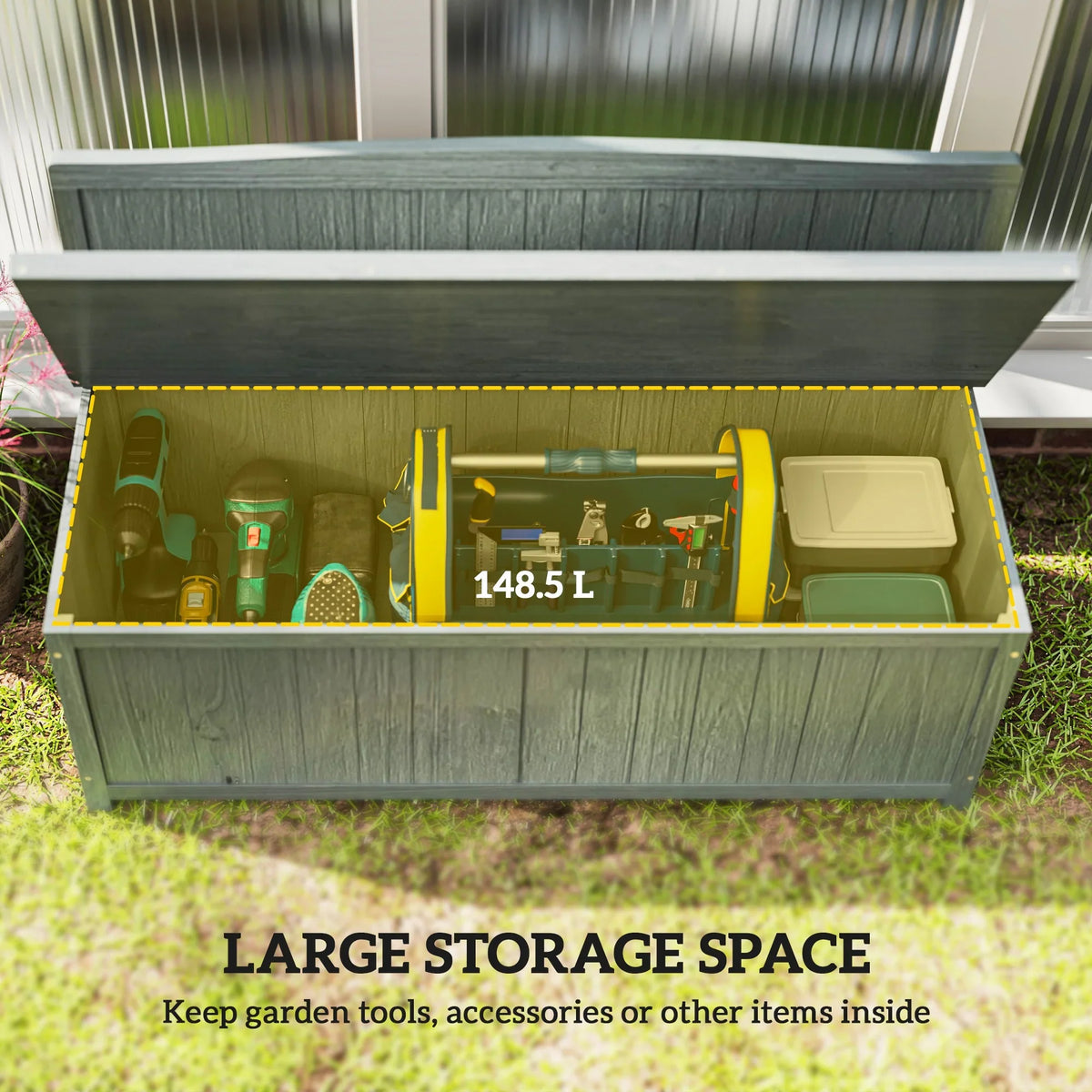 Grey outdoor storage bench with open lid showing large 148.5 L capacity