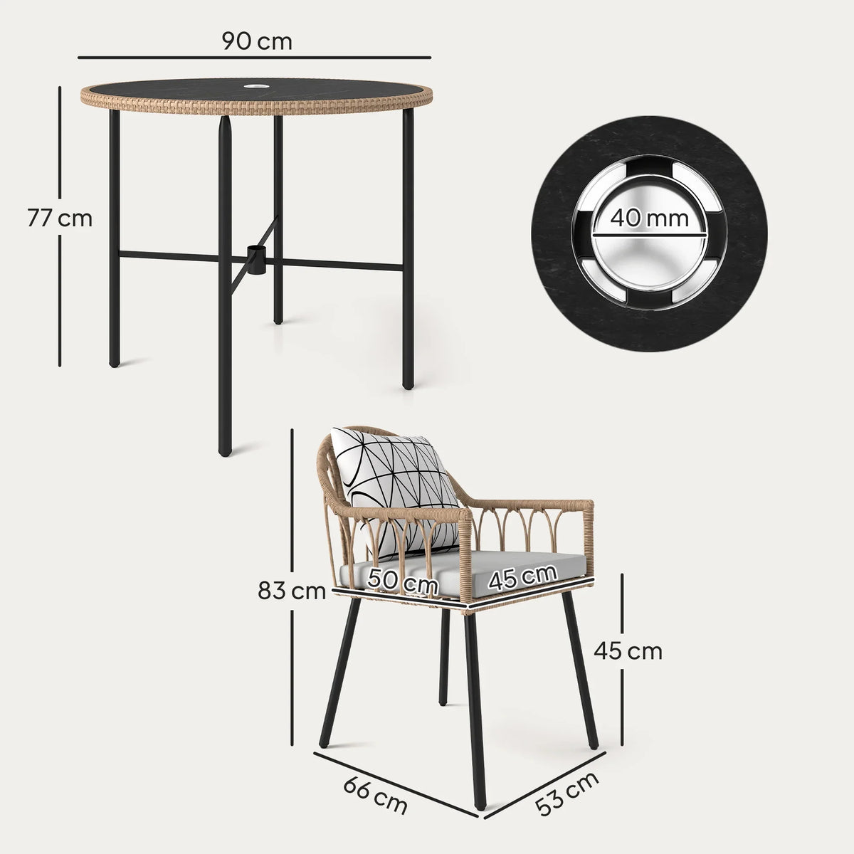 Diagram of round dining table and armchairs with dimensions for tabletop and seat