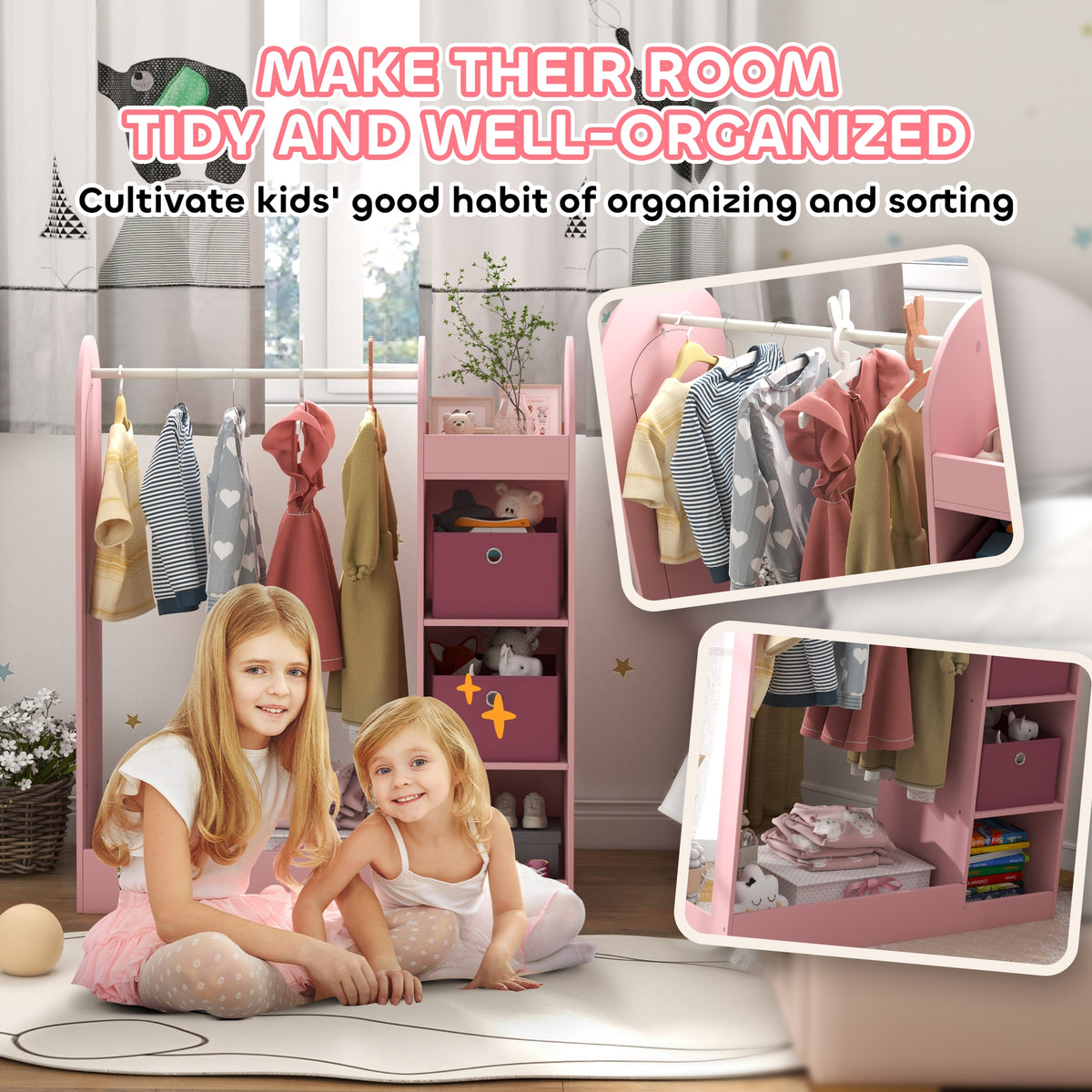 Pink kids clothing rail with arched mirror opening and storage cubbies for clothes