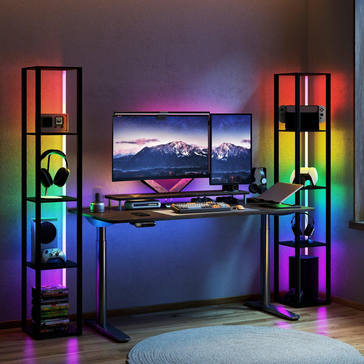 Black RGB LED floor lamp with open shelves, glowing multicolor light.