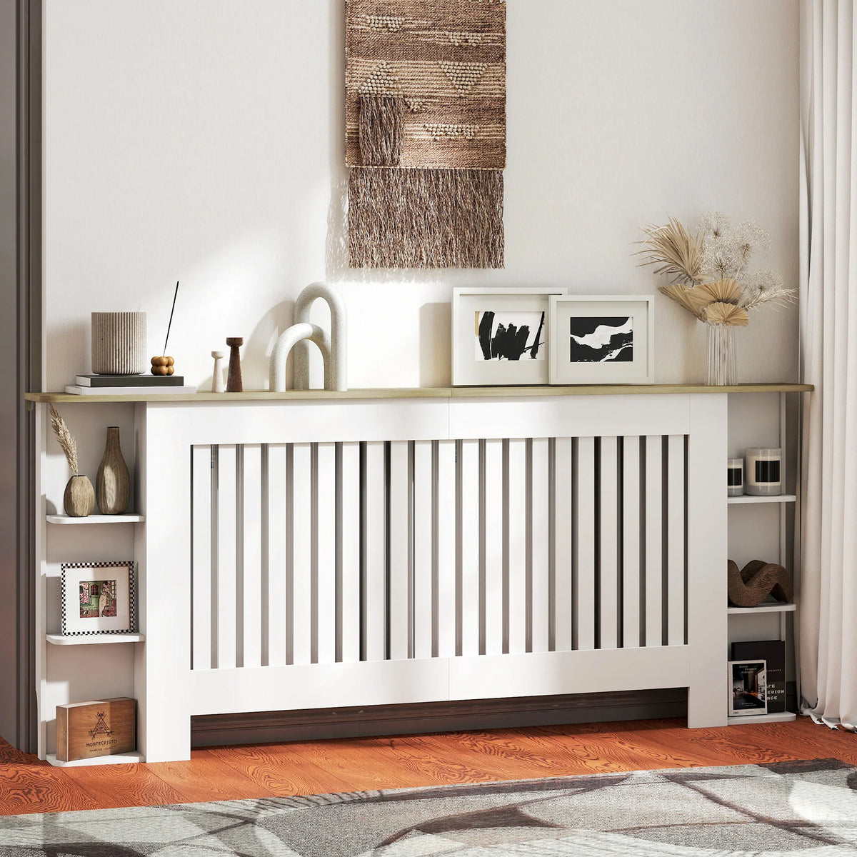 White radiator cover cabinet with slatted front and open side storage shelves