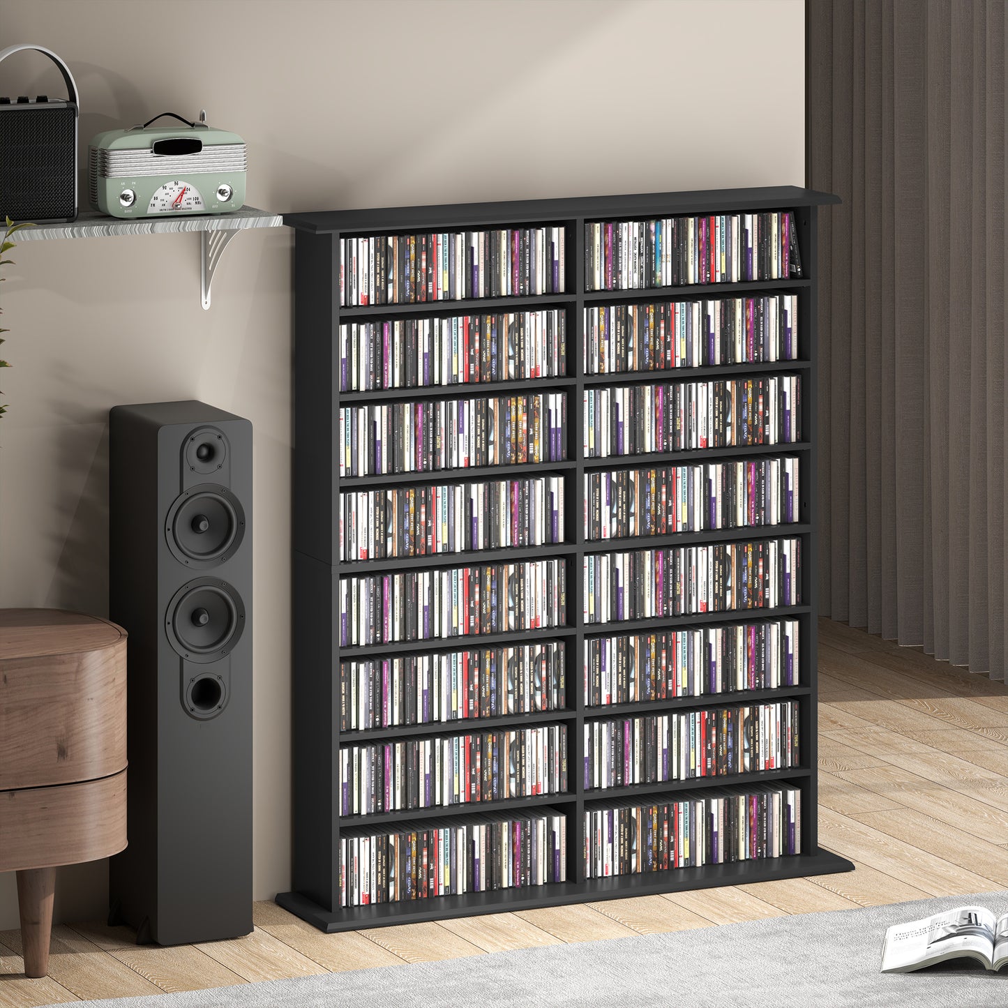 HOMCOM 16 Compartment Media Shelf Black With 12 Adjustable Shelves For CDs DVDs Blu Rays