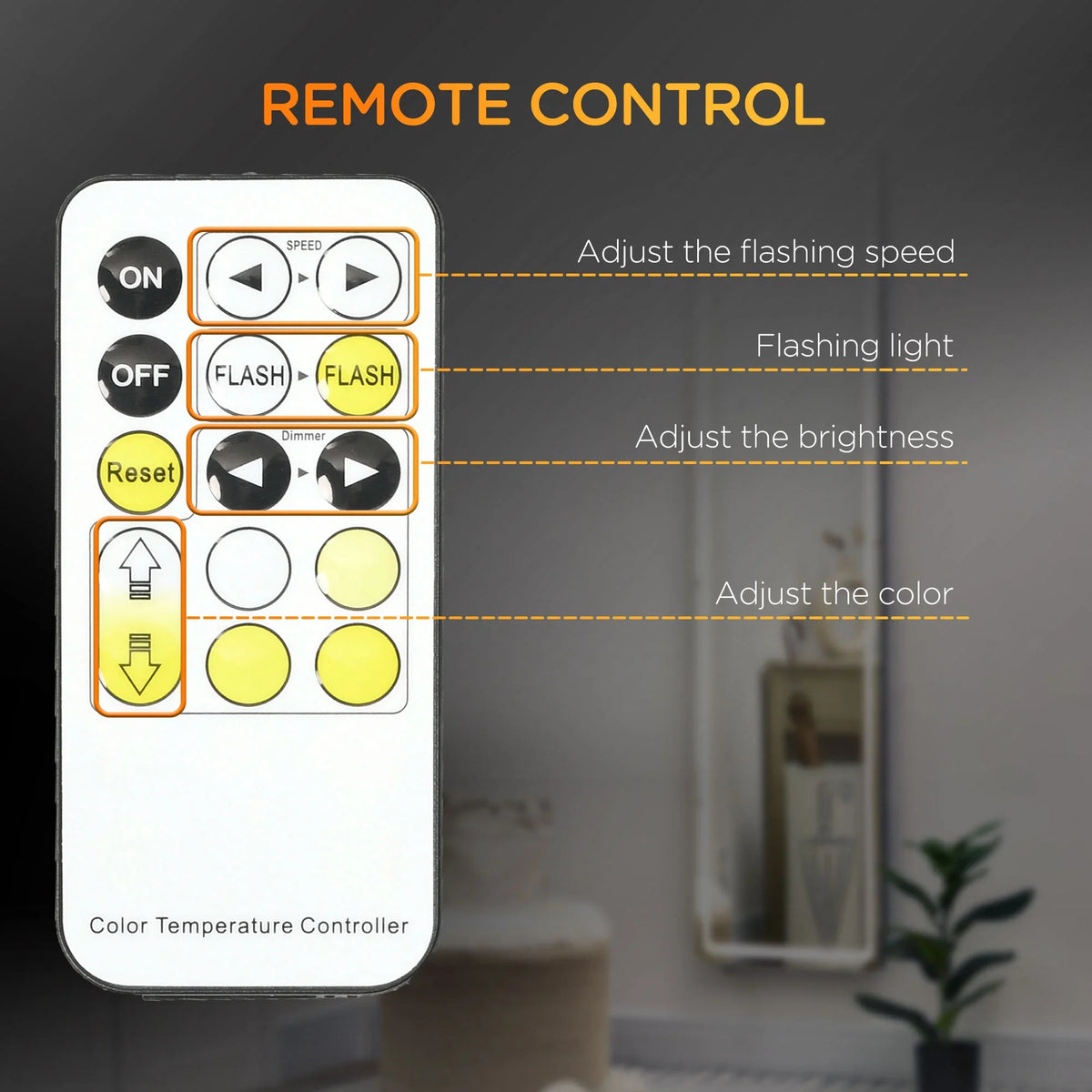 Remote control for LED full-length mirror, adjusting flashing speed, brightness, and color.