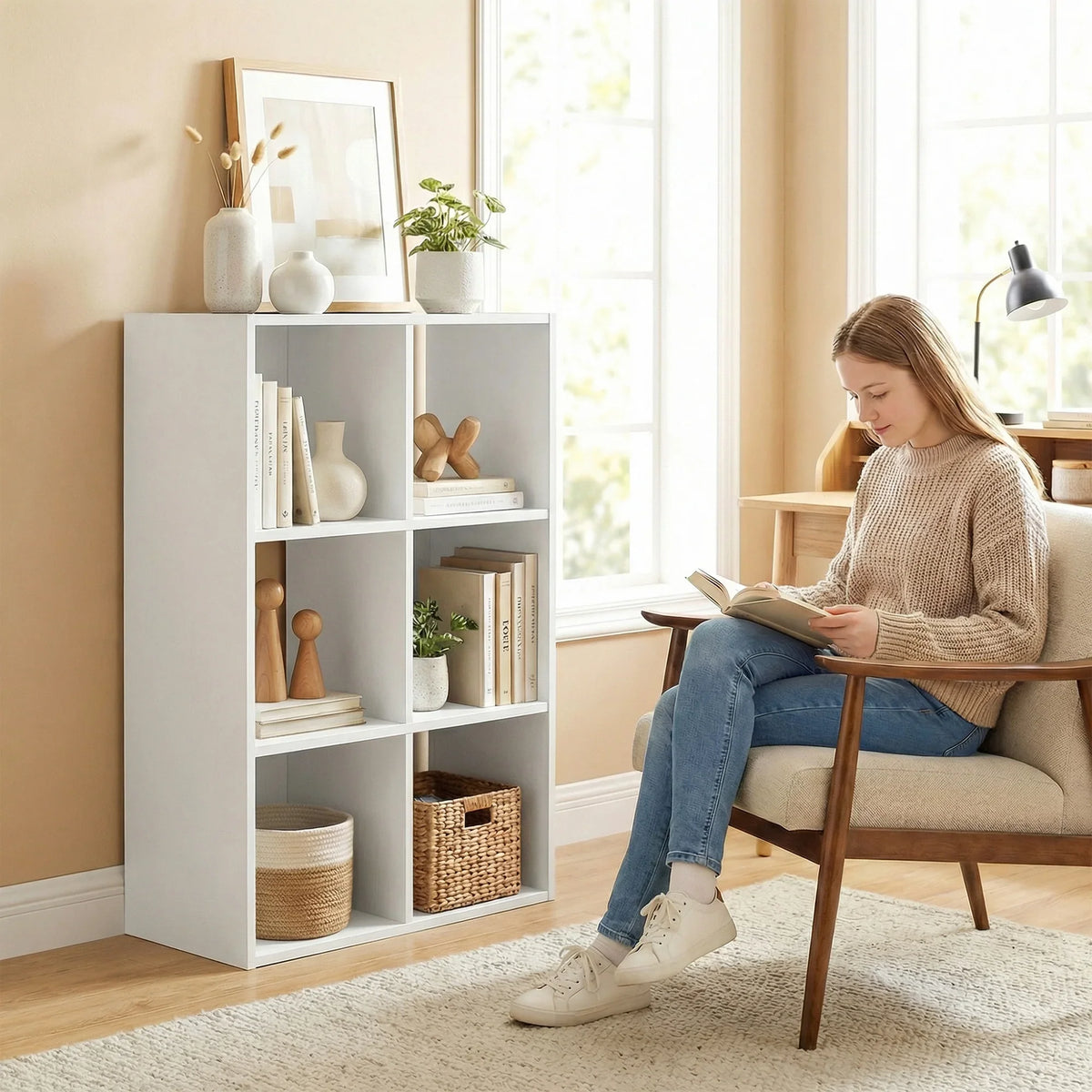 White 6-cubby storage bookcase with open shelves, displayed in a reading area