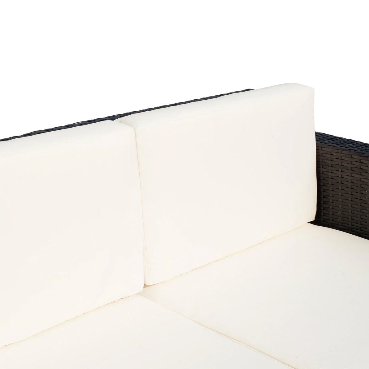Rattan loveseat with white backrest cushion and dark brown woven side panel