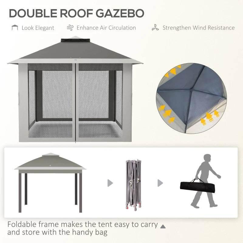 Double-roof pop-up canopy tent with mesh side panels and covered front opening