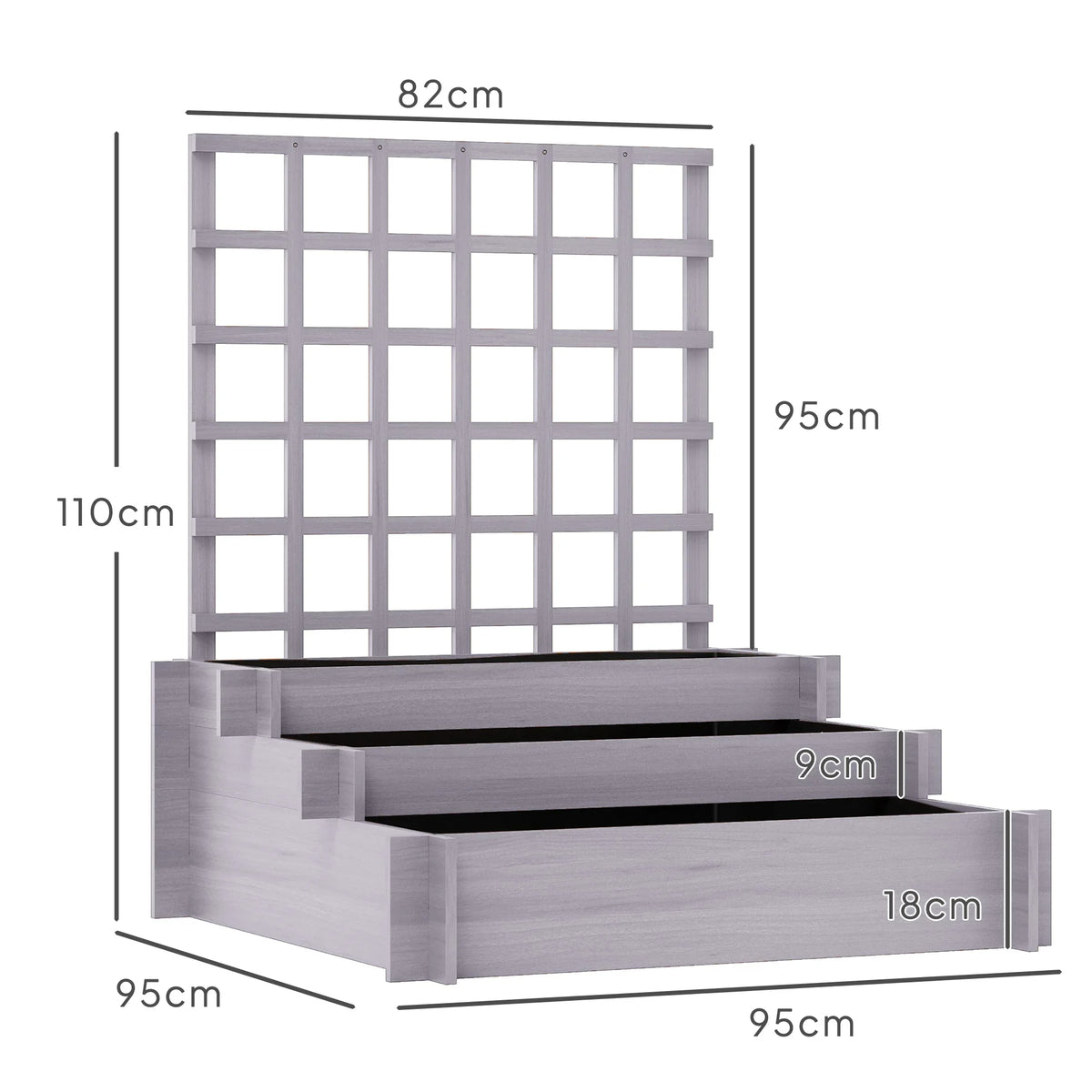 Grey raised planter bed set with trellis frame and layered compartments, side view