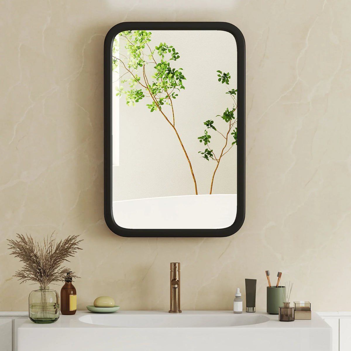 Black-framed bathroom wall mirror cabinet with tempered glass and rounded metal border