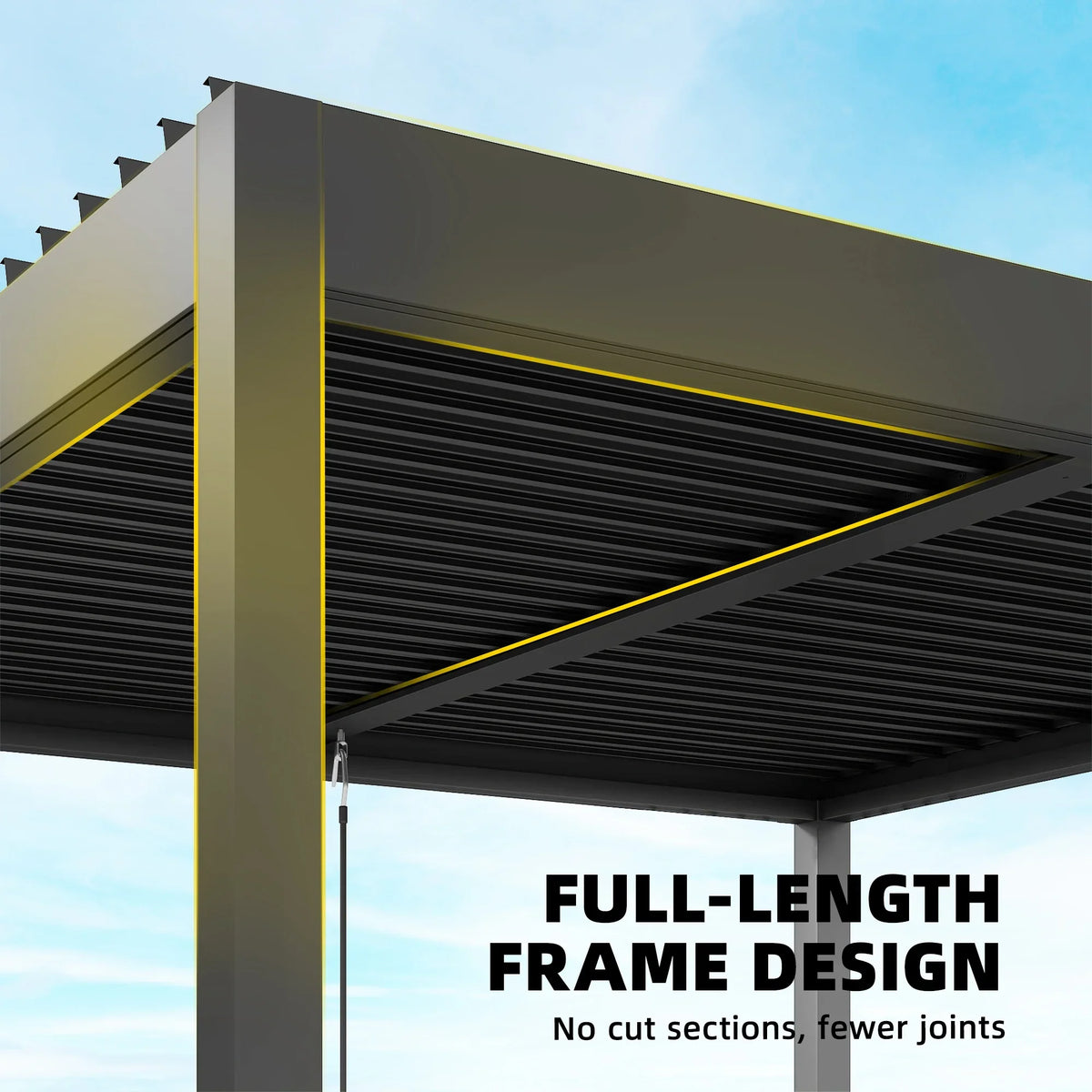 Dark grey louvered metal roof frame underside with adjustable slat design